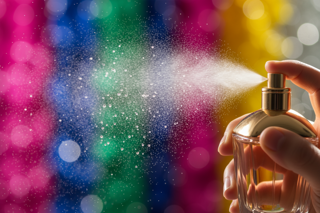 perfume siendo atomizado con fondo colorido